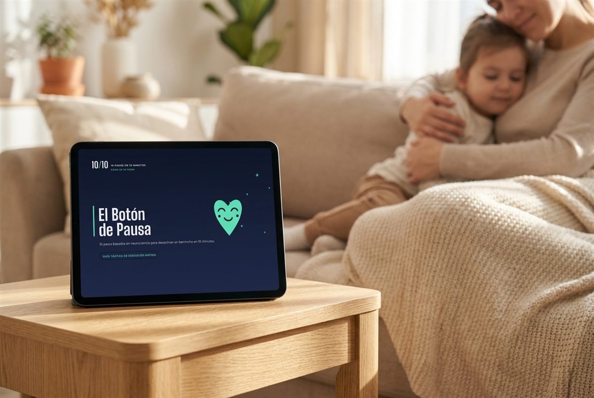 La guía El Botón de Pausa en una tablet, con una madre reconectando en calma con su hijo al fondo.